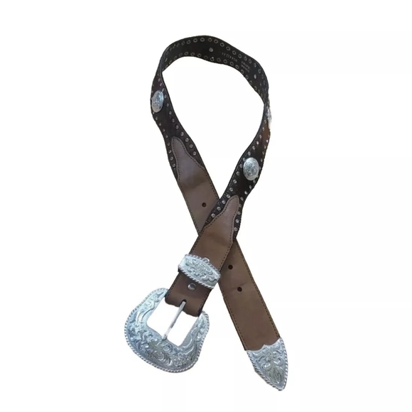 Nocona Hair On Hide Leather Belt  Conchos Rhinestone Bling Brown Woman M Western